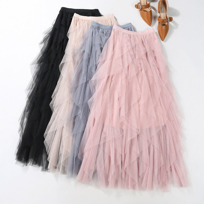 Irregular Layered Tulle A-Line Maxi Skirt