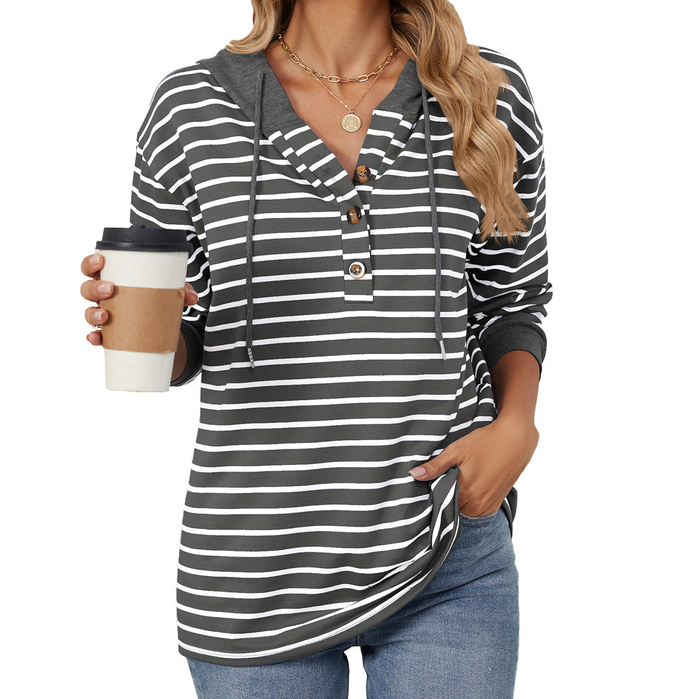 Striped Hooded Button-Up Top