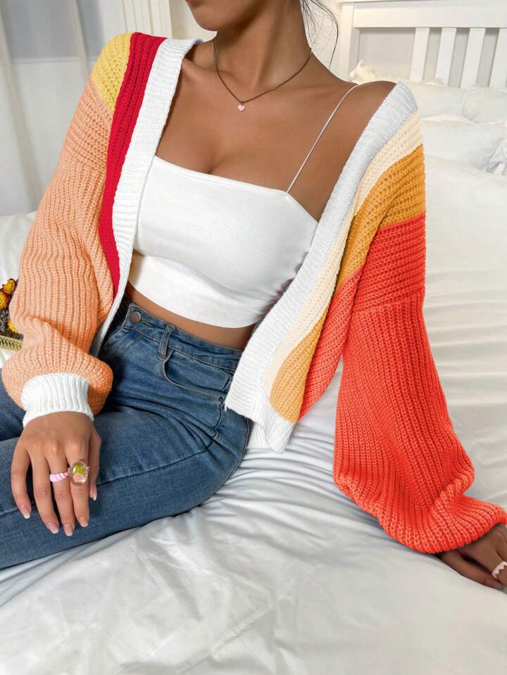 Women Color Block Knit Cardigan