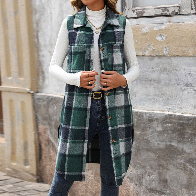 Plaid Button-Up Sleeveless Vest with Pockets
