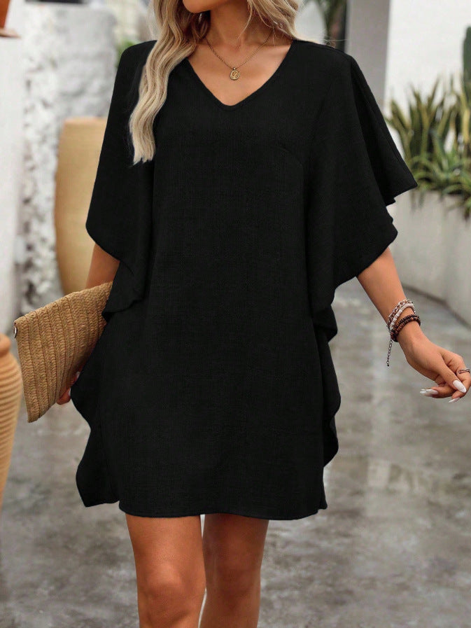 Women Solid Color Ruffle Loose V Neck Dress