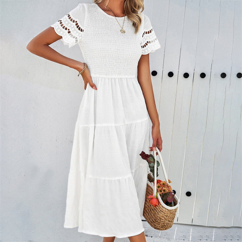 Ruched Solid Short Sleeve A Line Maxi Dress
