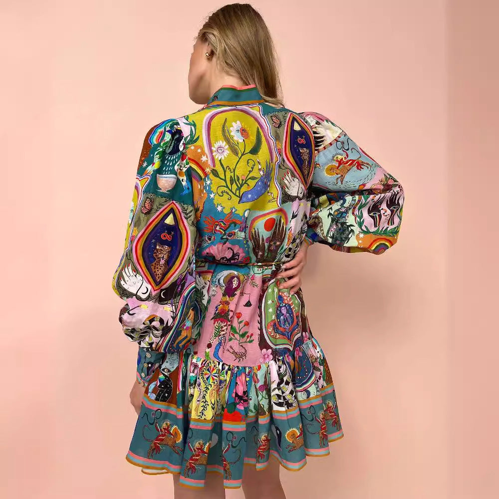 Printed Long Sleeve Tie-Waist Pleated Dress