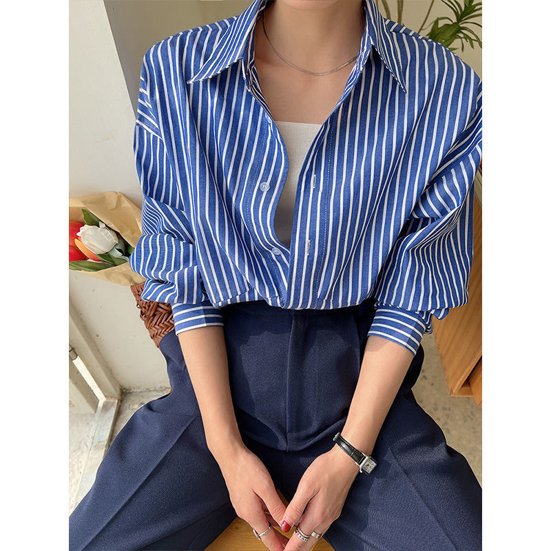 Relaxed Blue Striped Long Sleeve Shirt