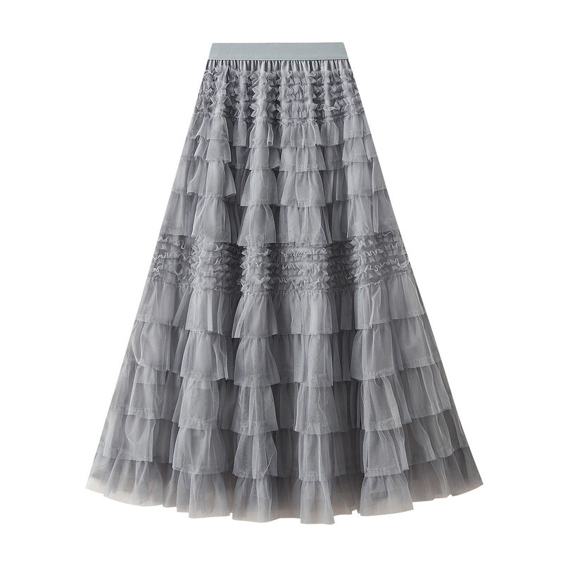 High Waist Layered Mesh A-Line Maxi Skirt