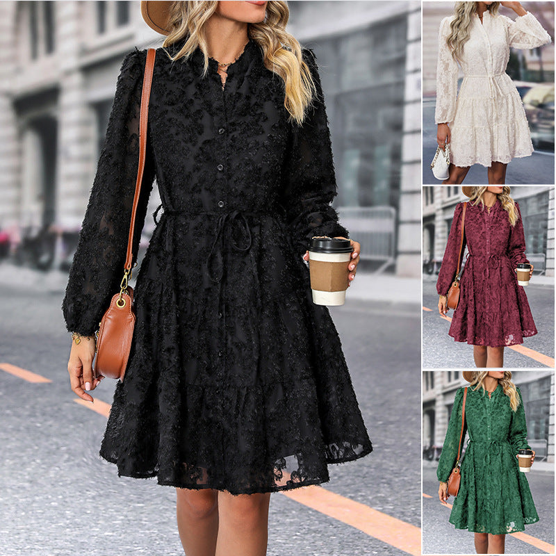 Lace Floral Button-Down Dress with Tie Waist