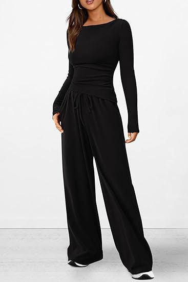 Asymmetric Long Sleeve Top and Wide Leg Pants Set