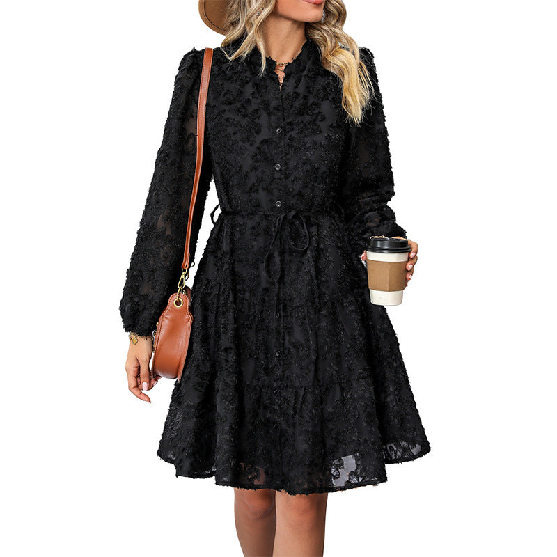 Lace Floral Button-Down Dress with Tie Waist