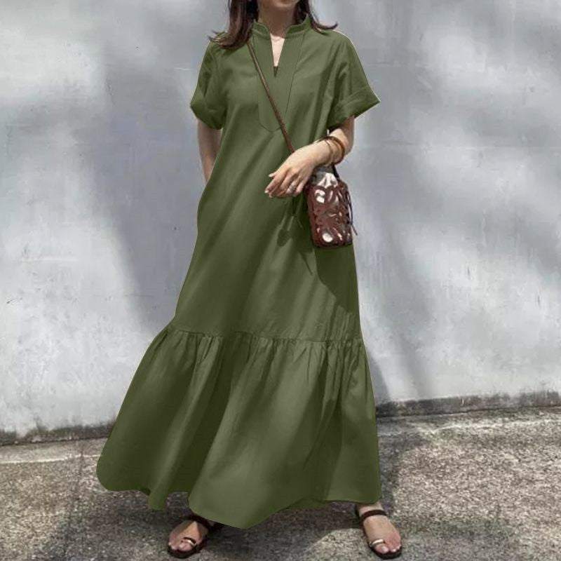 Stand Collar V-Neck Short Sleeve A-Line Maxi Dress