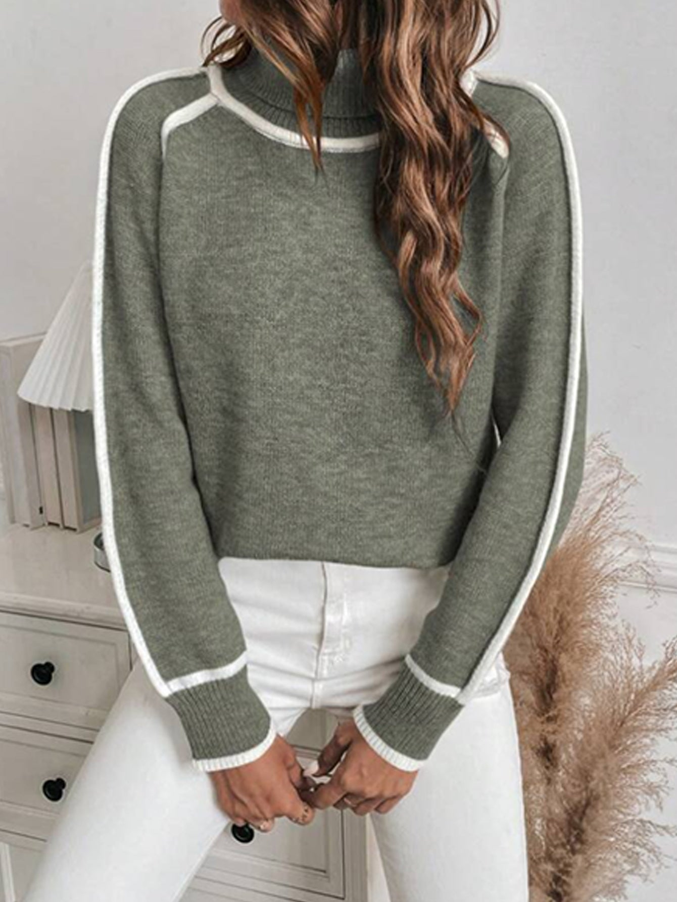 Loose Fit High Neck Long Sleeve Knit Sweater for Women