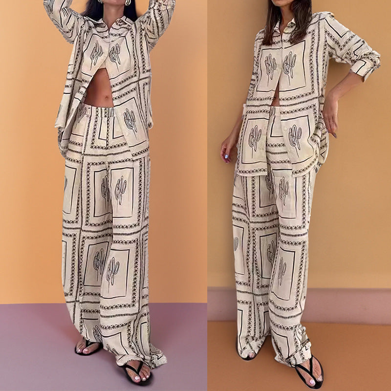 Printed Long Sleeve Shirt and Wide Leg Pants Set