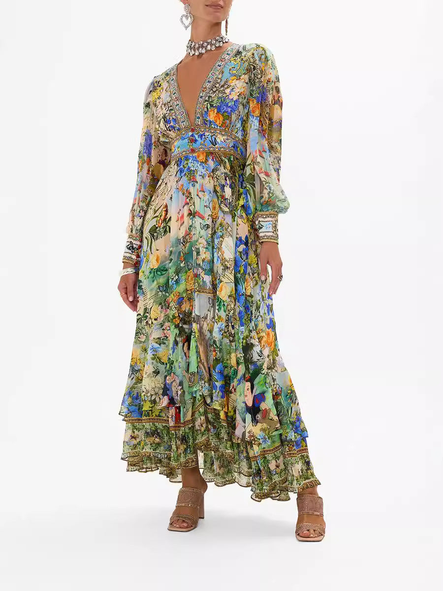 Printed V-Neck Long Sleeve Chiffon Dress