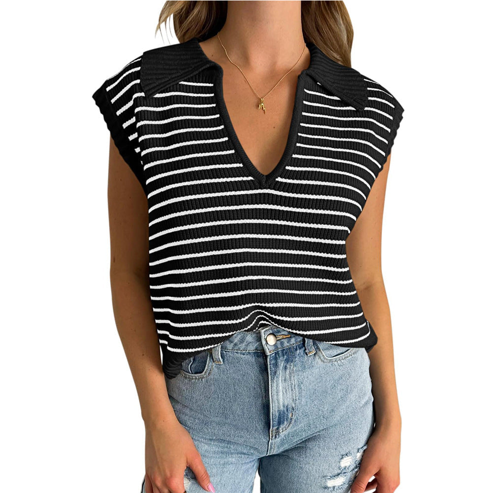 Striped V Neck Collared Knit Top