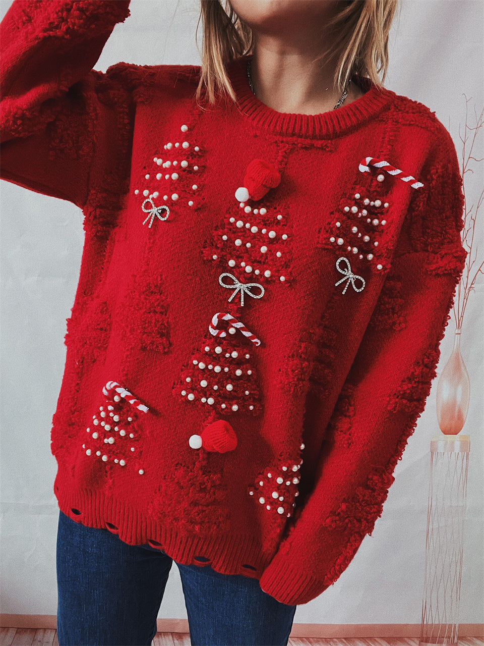 Handcrafted Pearl Embellished Knit Sweater