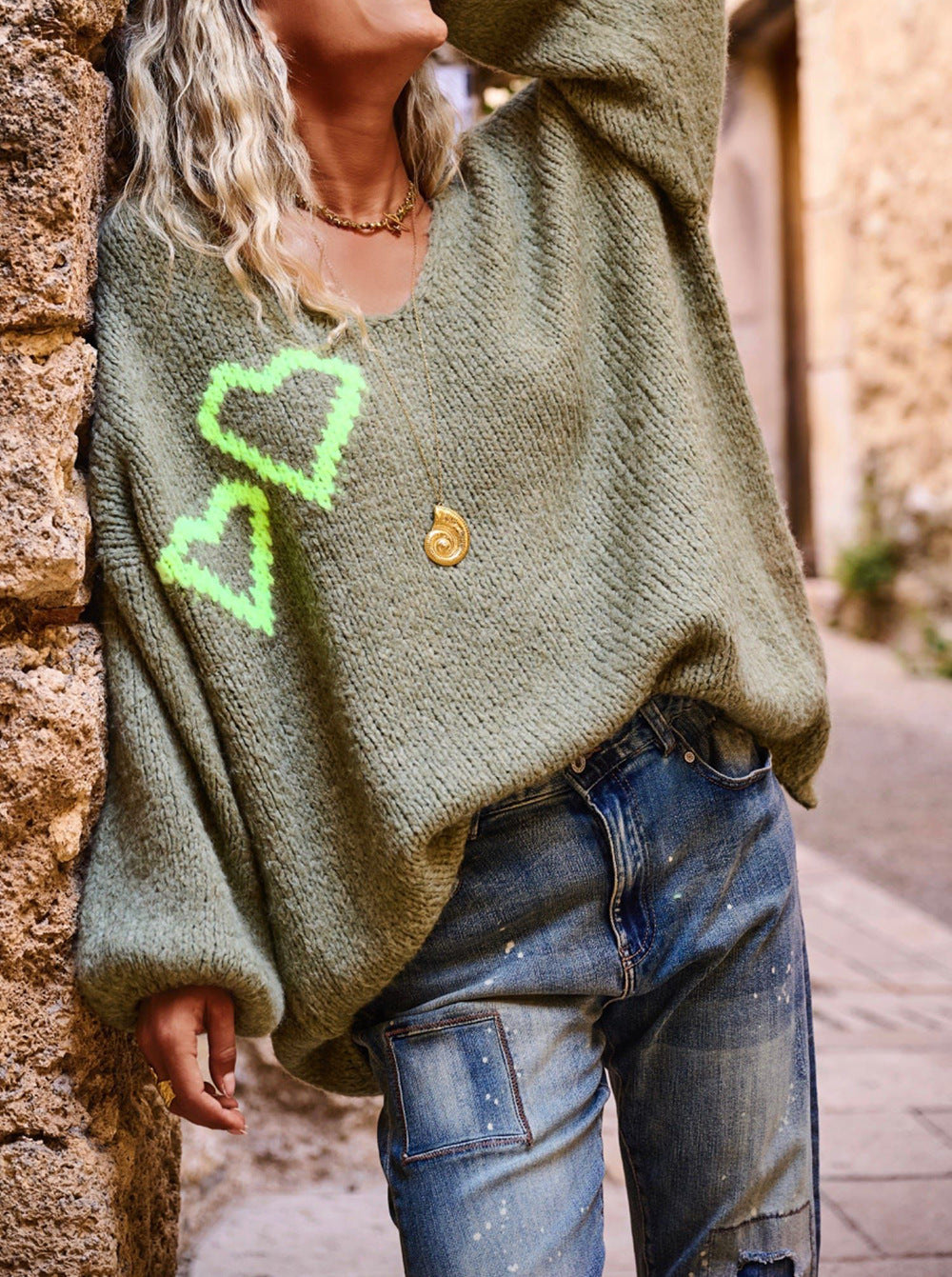 Heart Jacquard Off Shoulder Knit Sweater