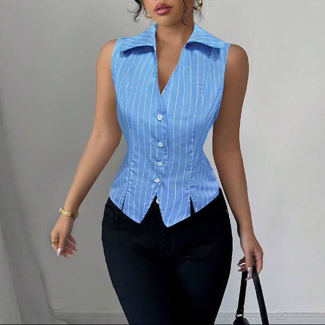 Striped Sleeveless Button-Down Blouse