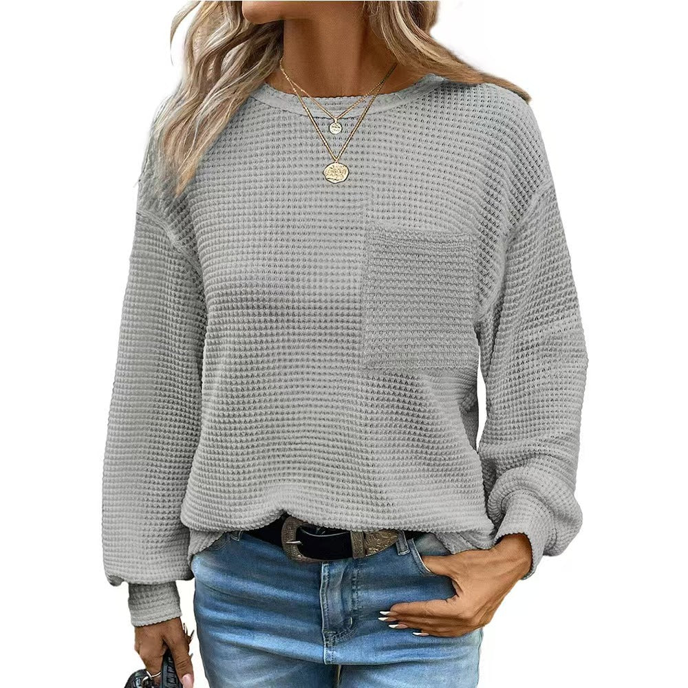 Waffle Knit Long Sleeve Top with Pocket
