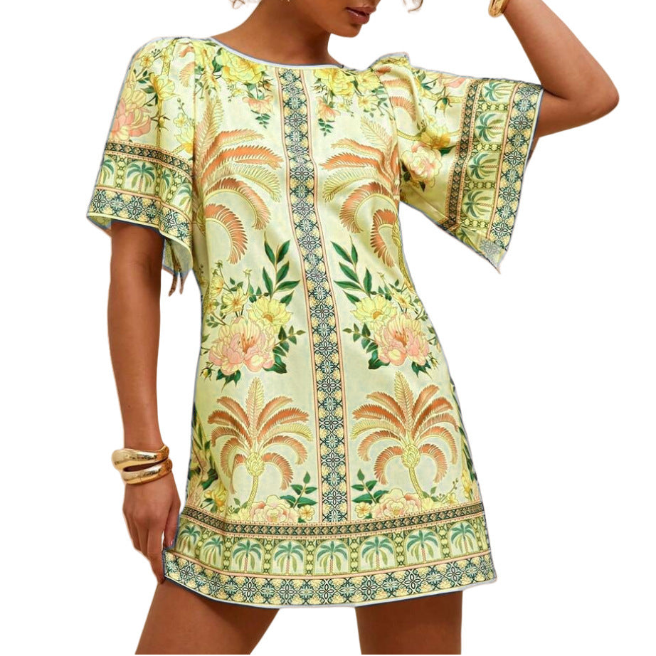 Vintage Round Neck Flared Sleeve Printed Dress