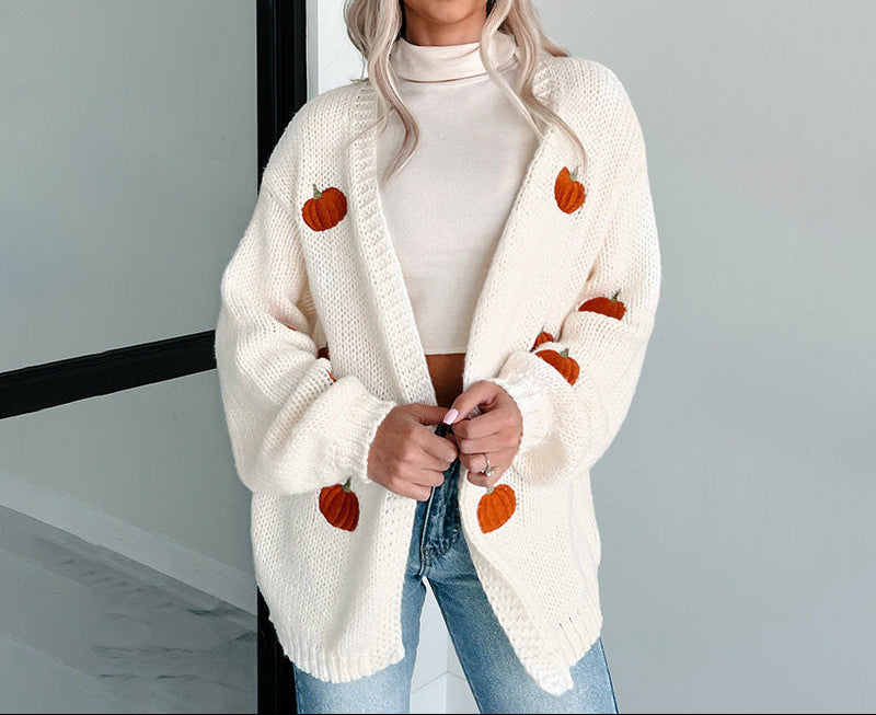 Pumpkin Embroidered Knit Cardigan