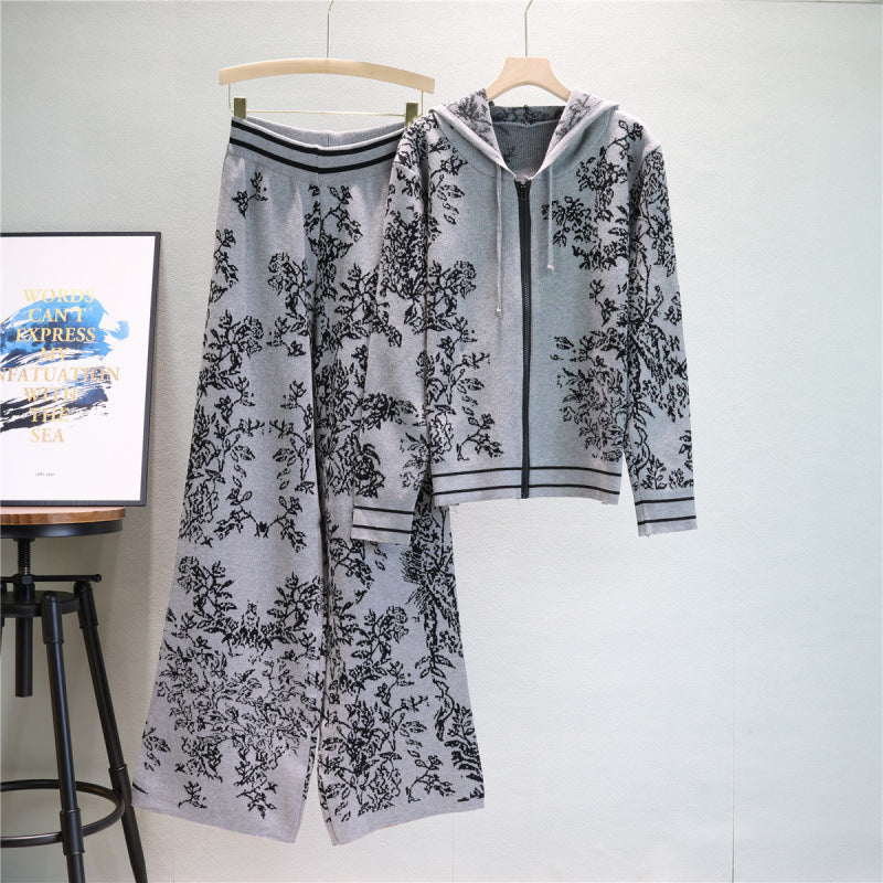Hooded Knit Top and Wide-Leg Pants Set