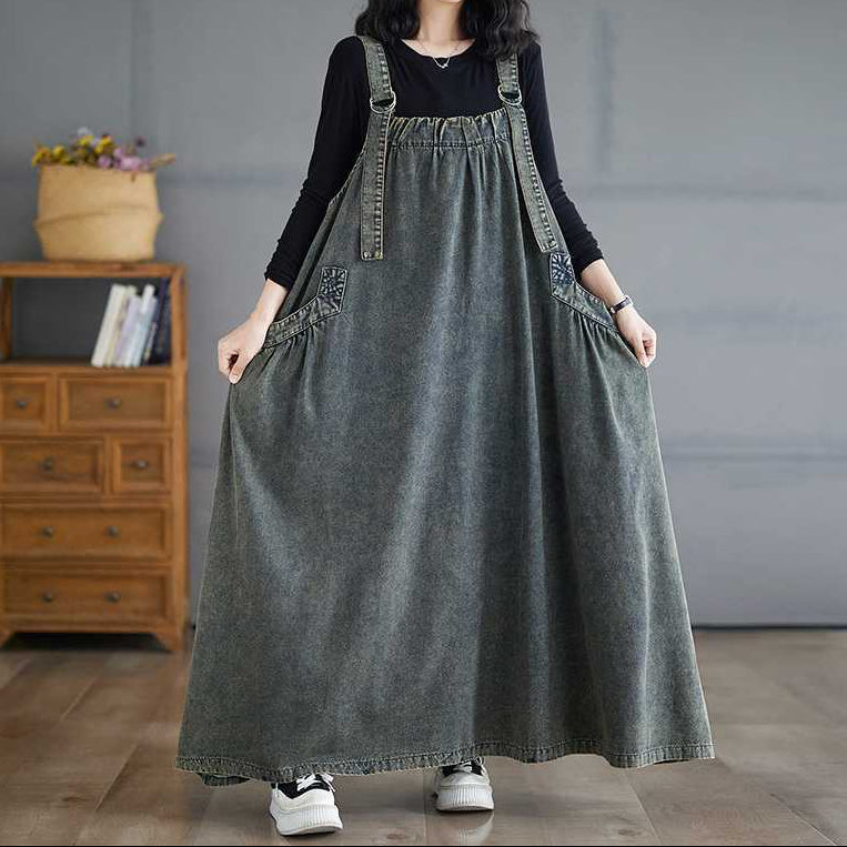 Vintage Washed Denim Overall Maxi Dress