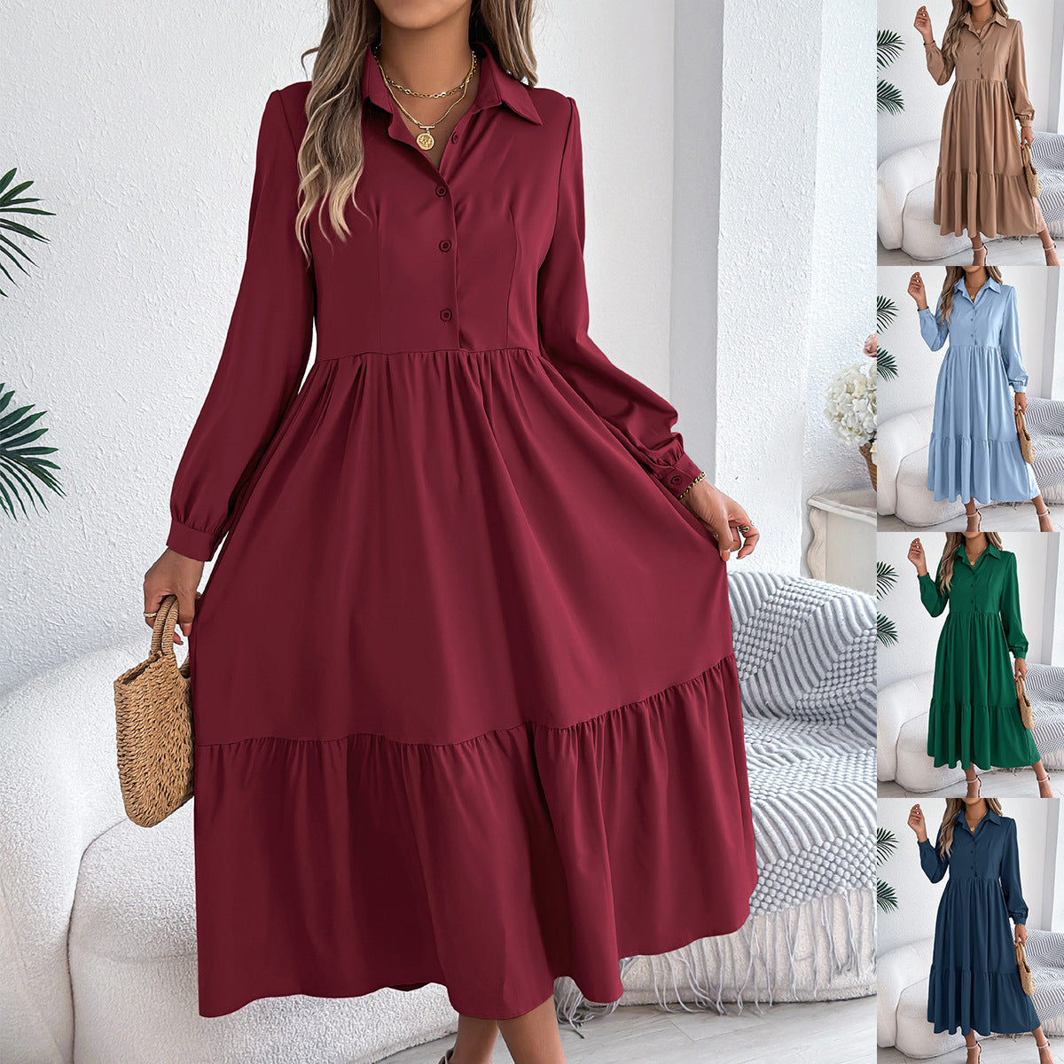 Button-Down Long Sleeve Tiered Dress