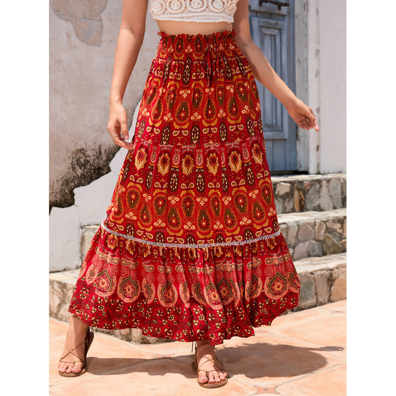 Bohemian Printed Maxi Skirt with Lace Trim