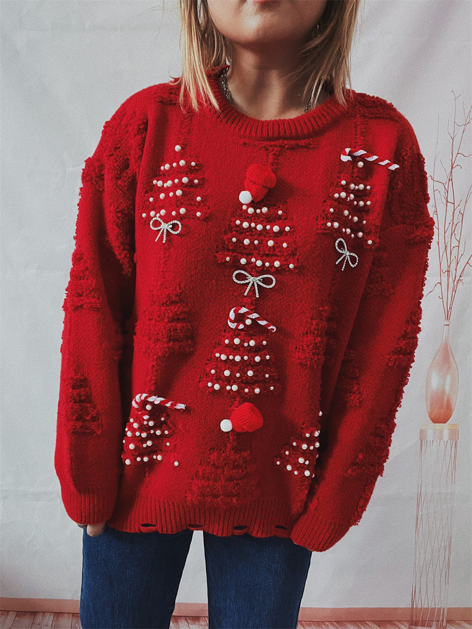 Handcrafted Pearl Embellished Knit Sweater