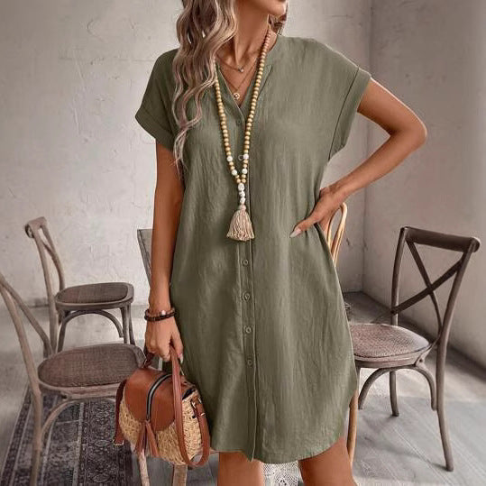 Casual Button-Down V-Neck Dress