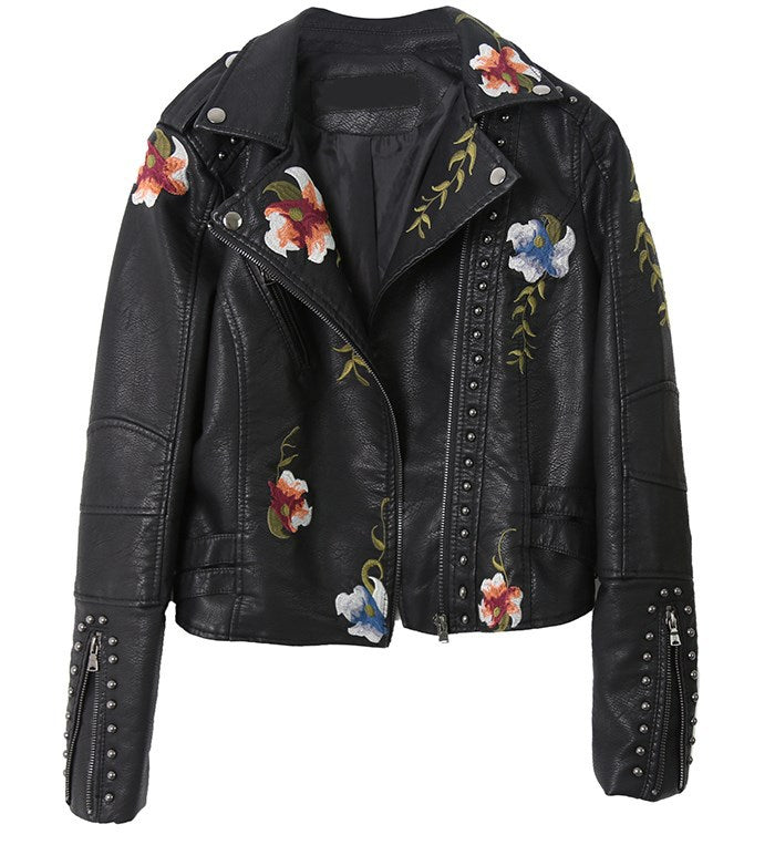 Embroidered Studded PU Leather Cropped Jacket