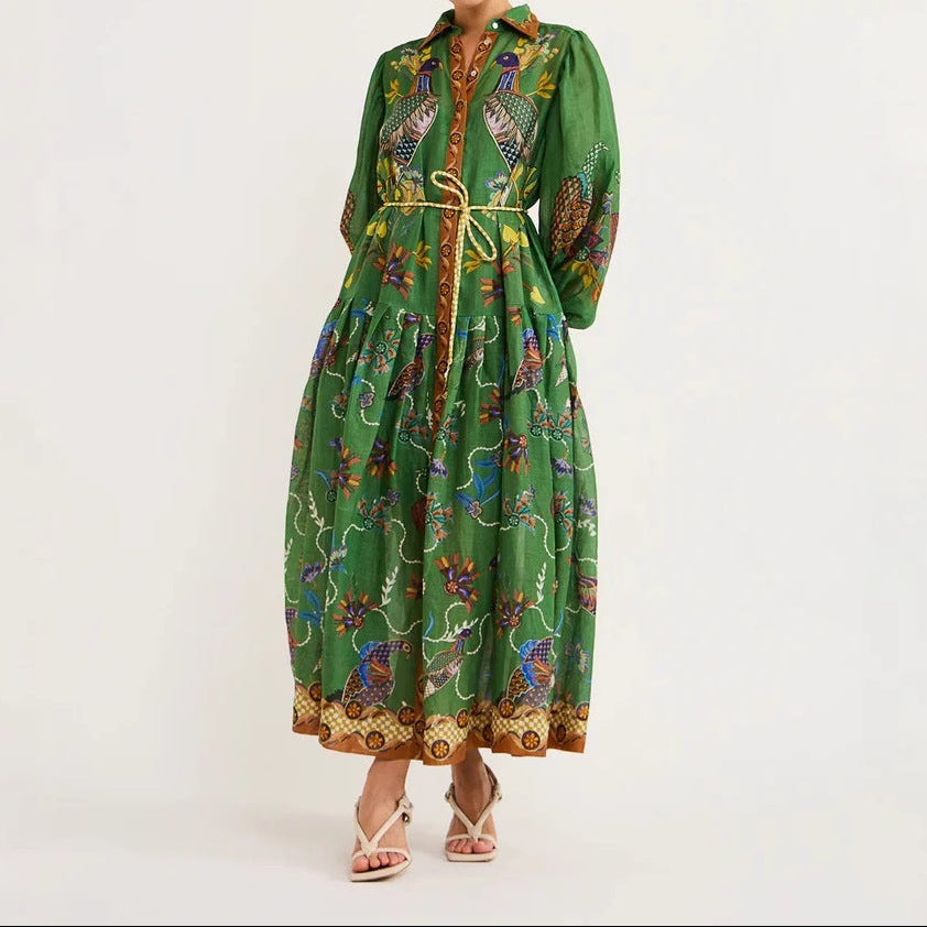 Button-Front Linen Tie-Waist Pleated Dress