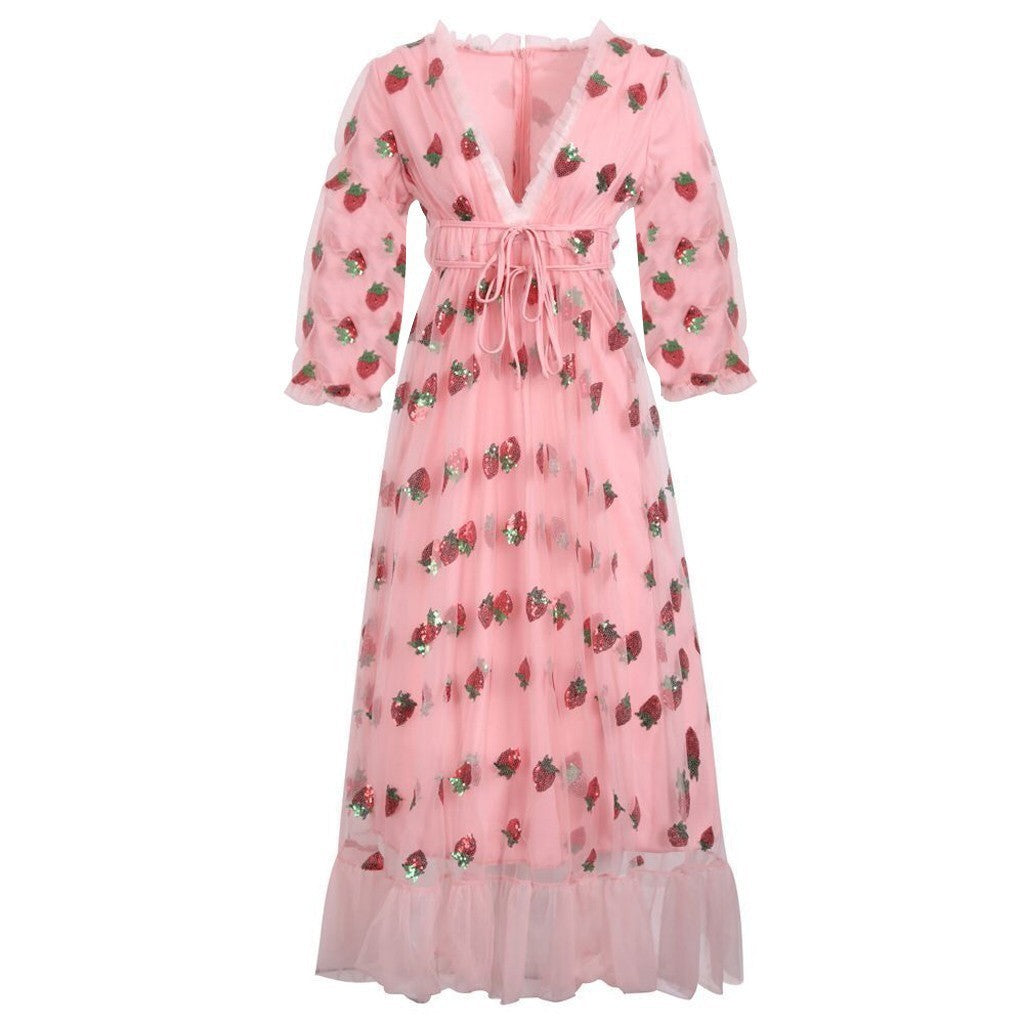 French Style Sequin Tulle Ruched Maxi Dress