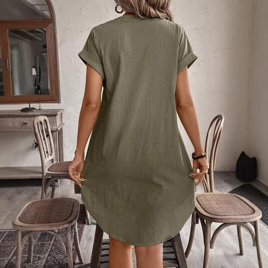 Casual Button-Down V-Neck Dress