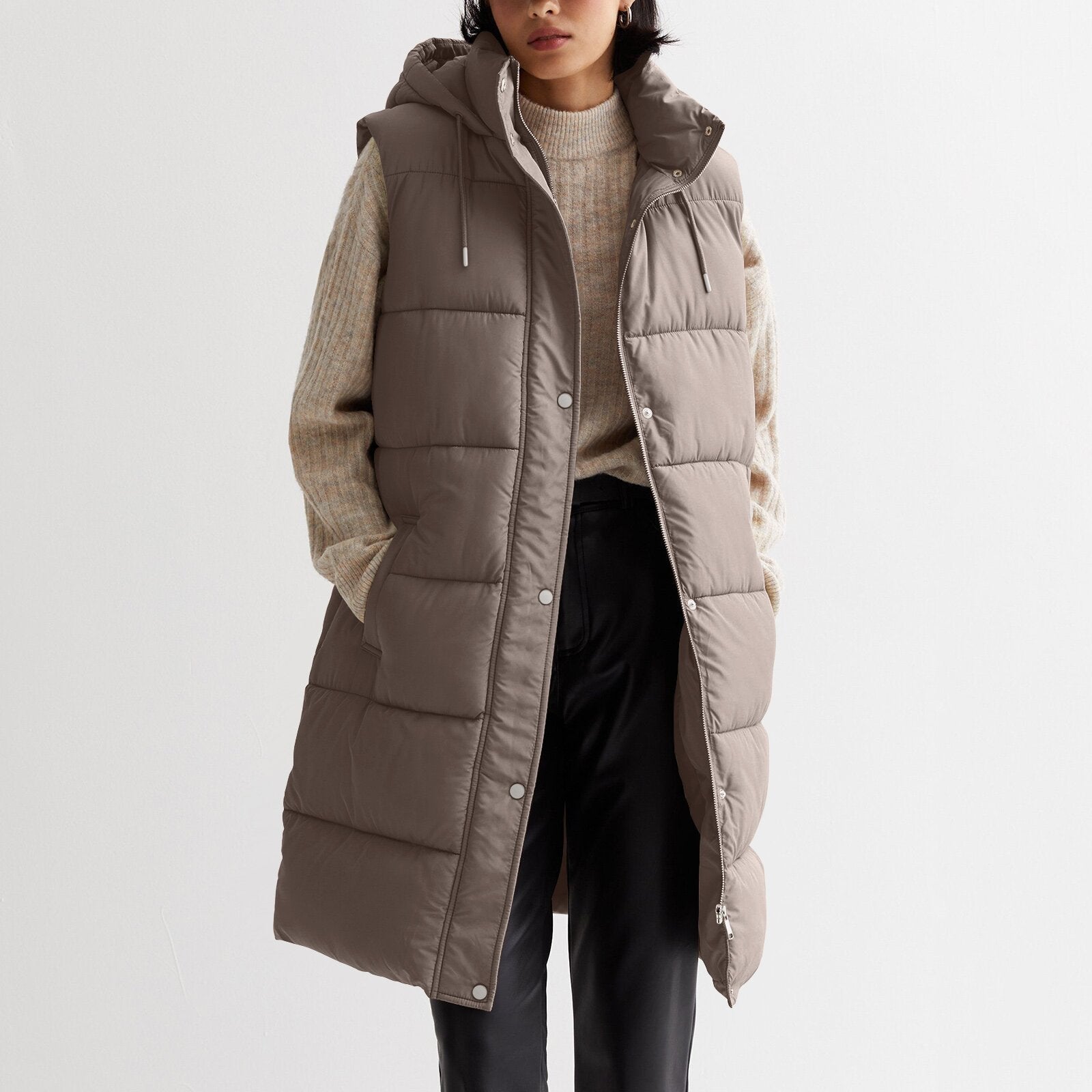 Solid Hooded Longline Zip Vest