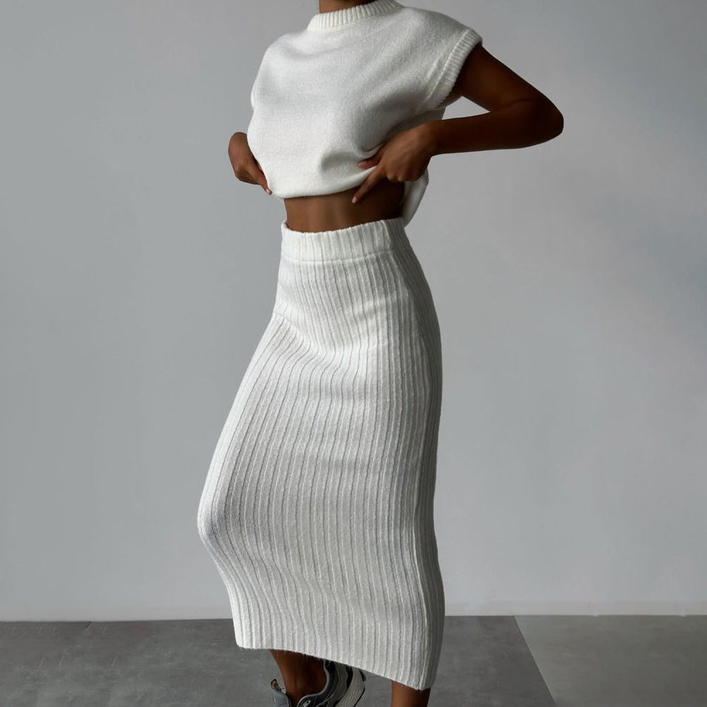 Women Sleeveless Knit Sweater Top and Long Skirt Set