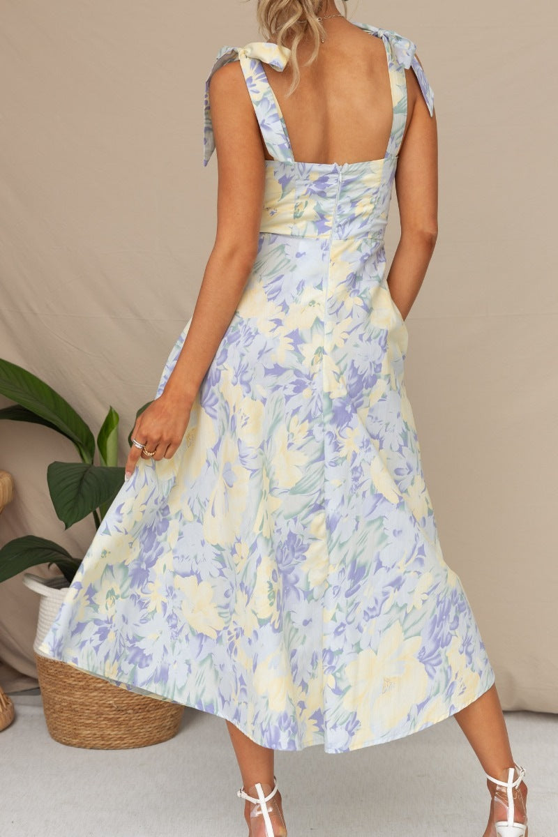 Women V Neck Printed Slim Fit Midi Dress