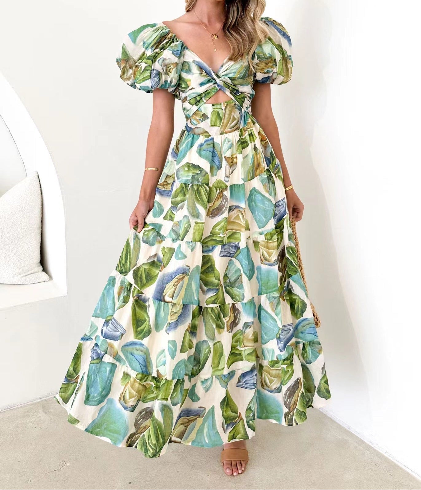 Women Printed Puff Sleeve Maxi Dress