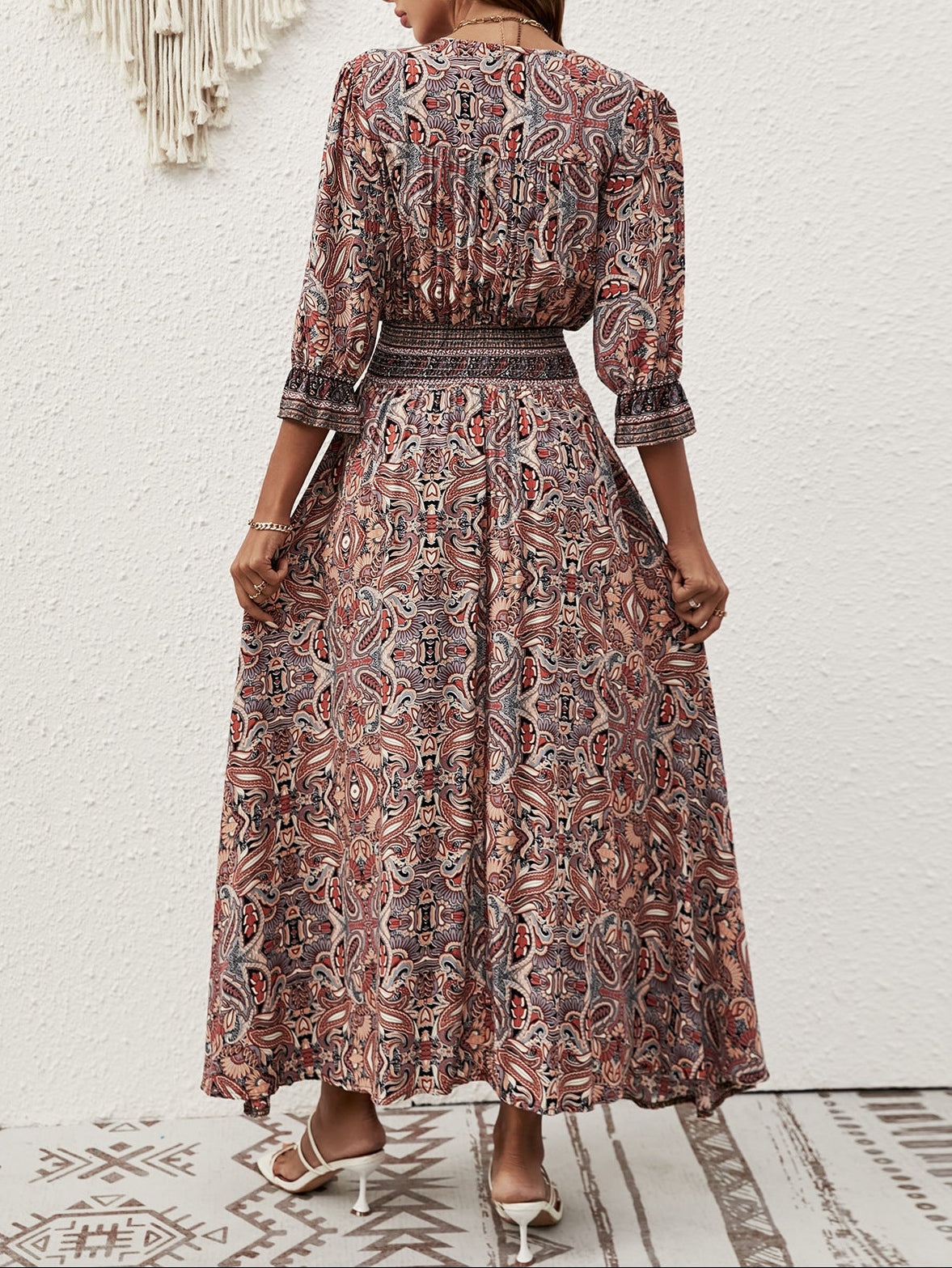 Boho Print Button Front Waist Tie Beach Dress