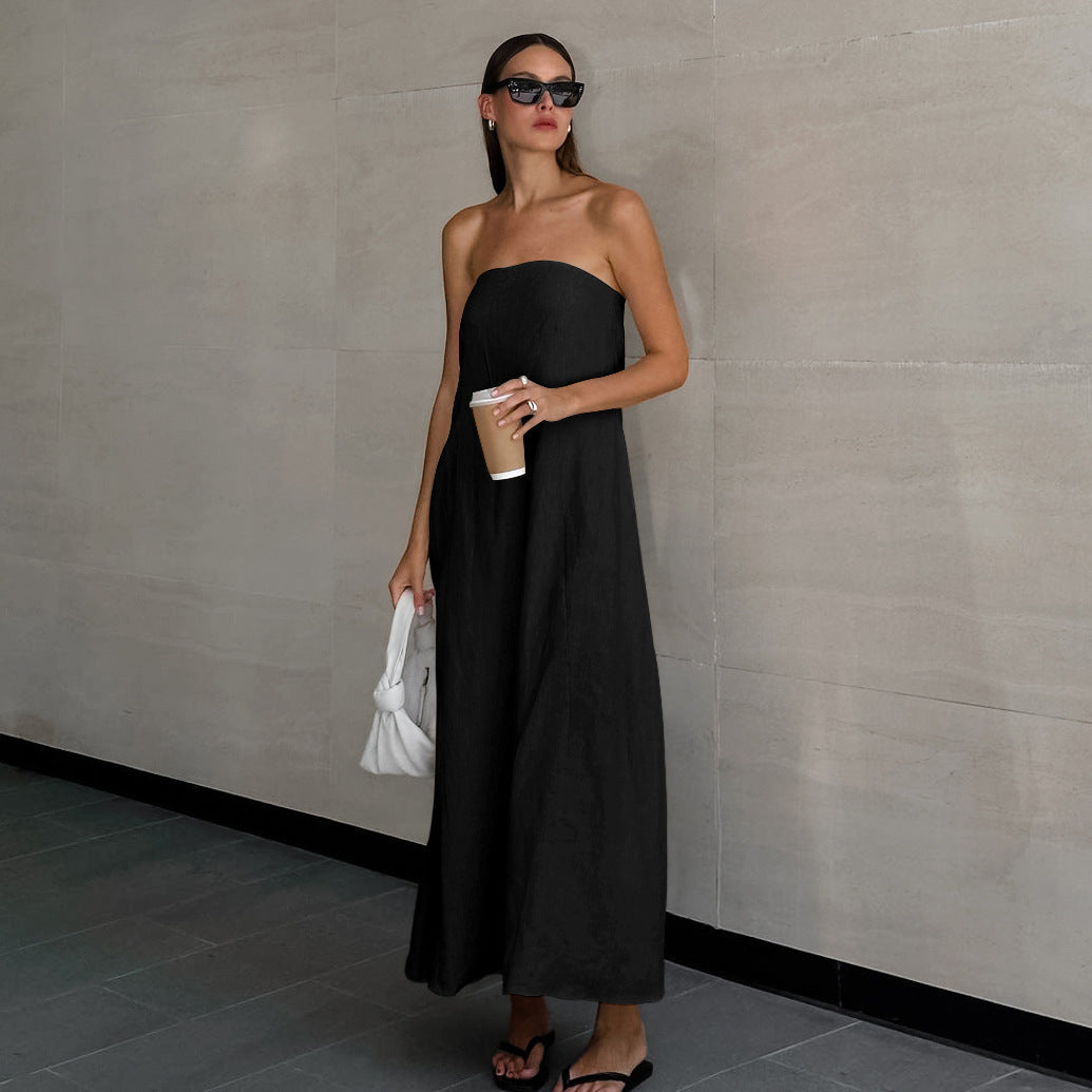 French Style Strapless Backless Linen Maxi Dress