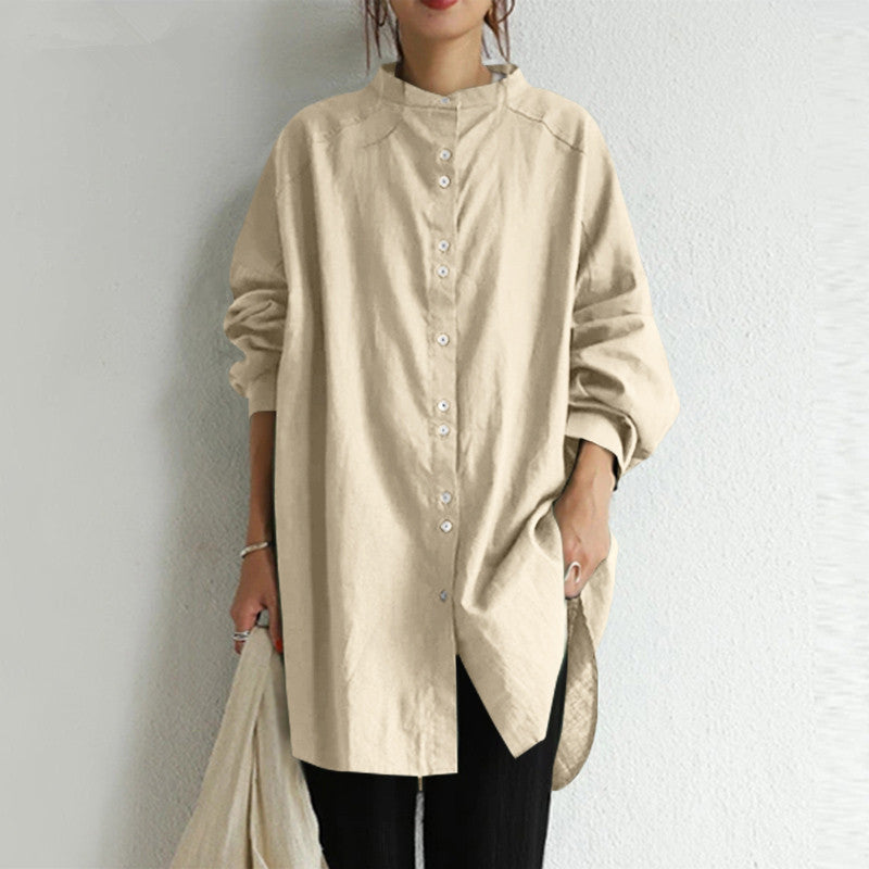 Vintage Mandarin Collar Linen Button Shirt