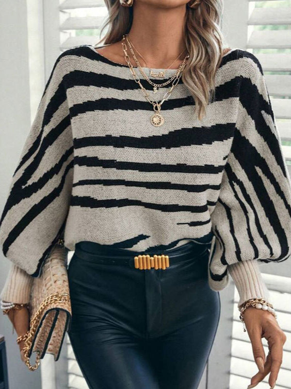 Loose Knit Zebra Pattern Off Shoulder Batwing Sweater