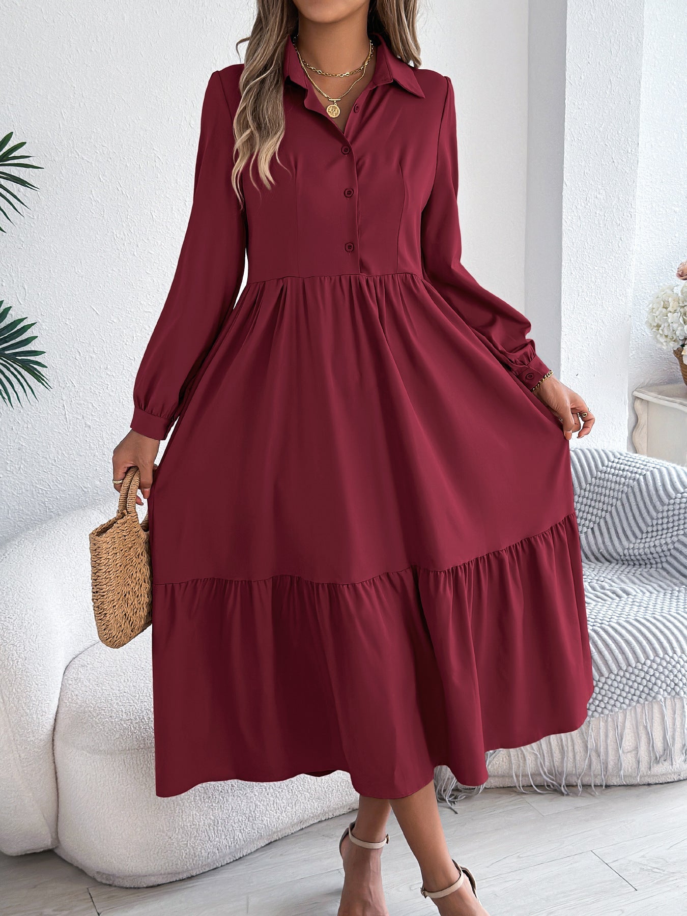 Button-Down Long Sleeve Tiered Dress