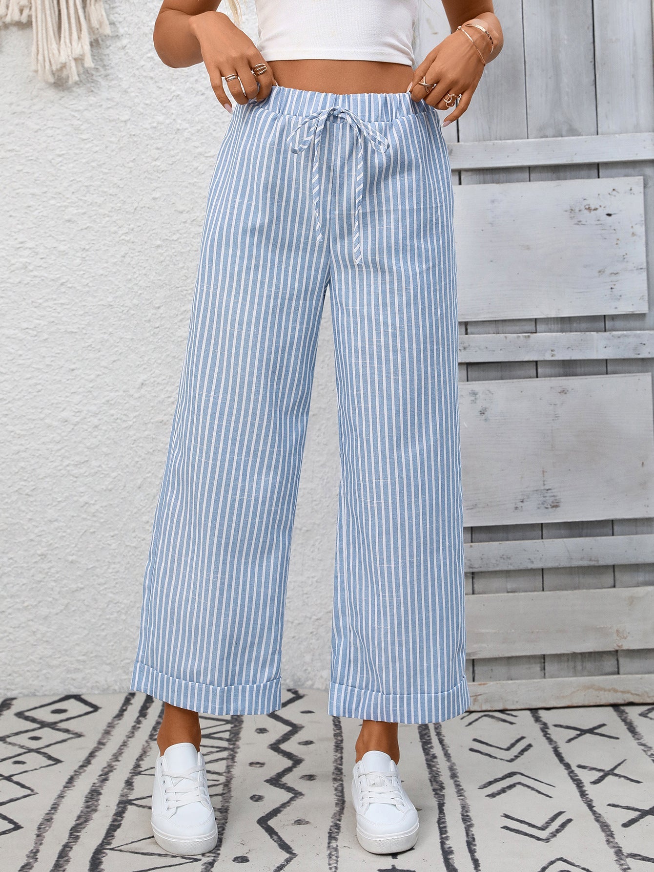 Women Striped High Waist Cropped Pants