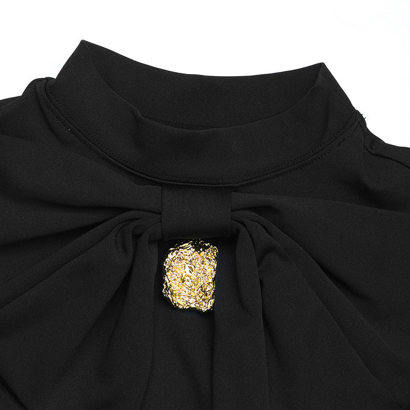 Bow Button High Neck Long Sleeve Dress