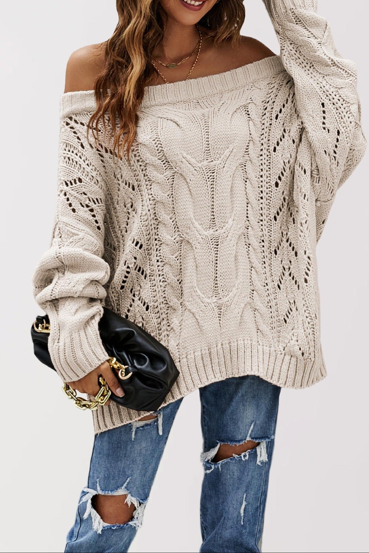 Off-Shoulder Chunky Cable Knit Sweater