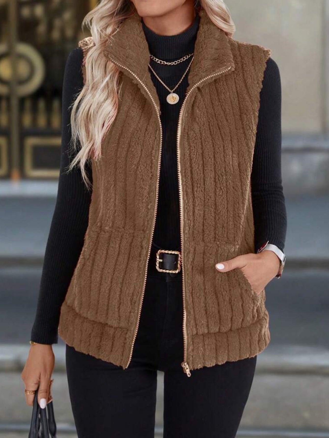 Plaid Zip-Up Fuzzy Vest with Pockets