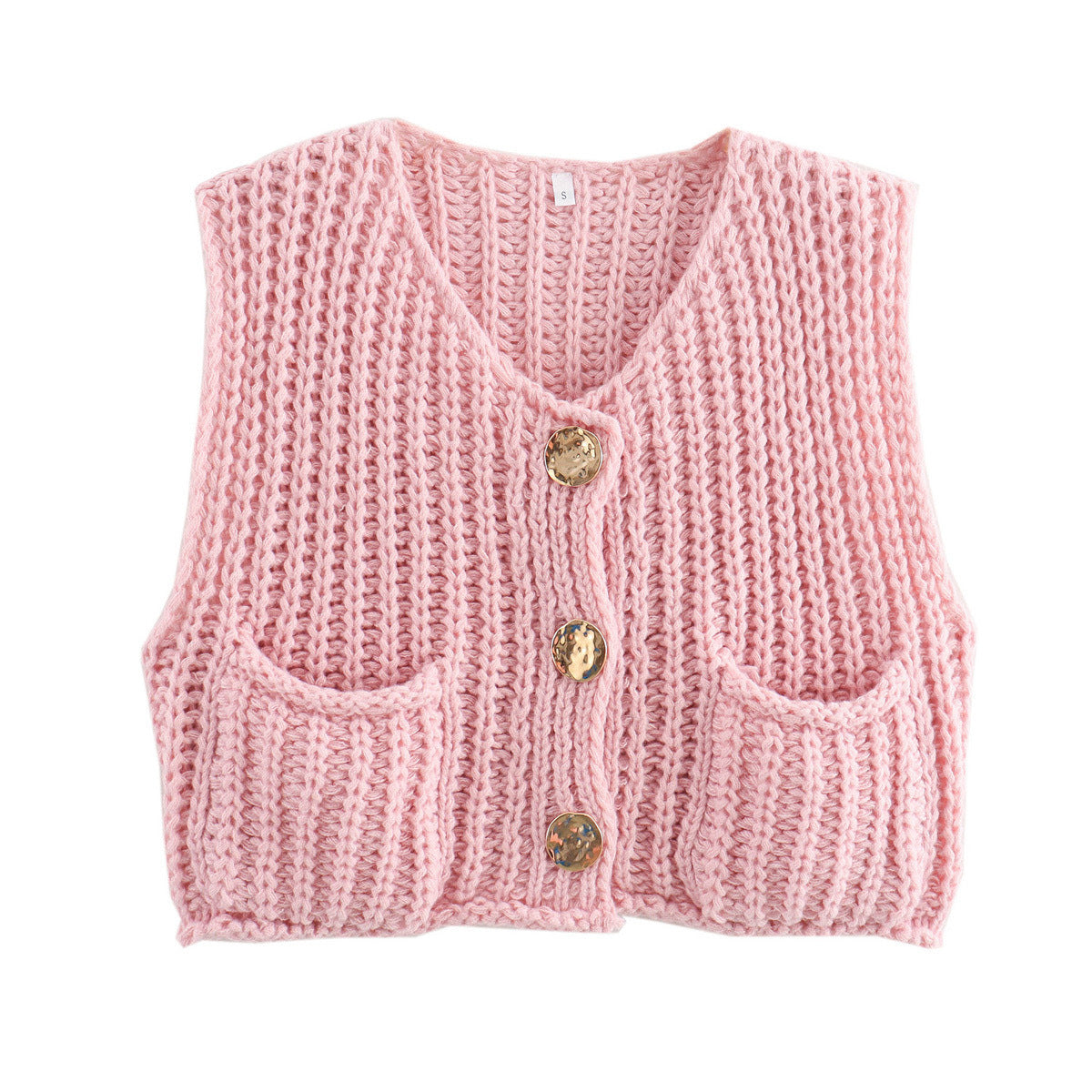 V-Neck Button Front Knitted Vest with Pockets