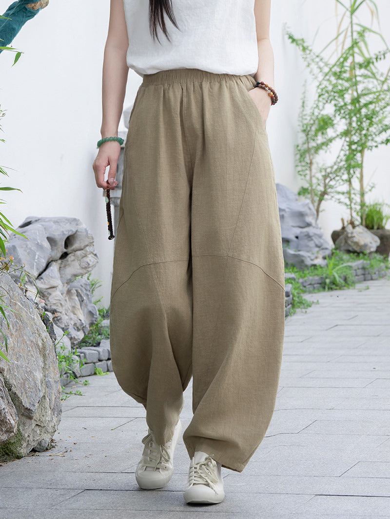 Linen Blend Lantern Wide-Leg Elastic Waist Pants