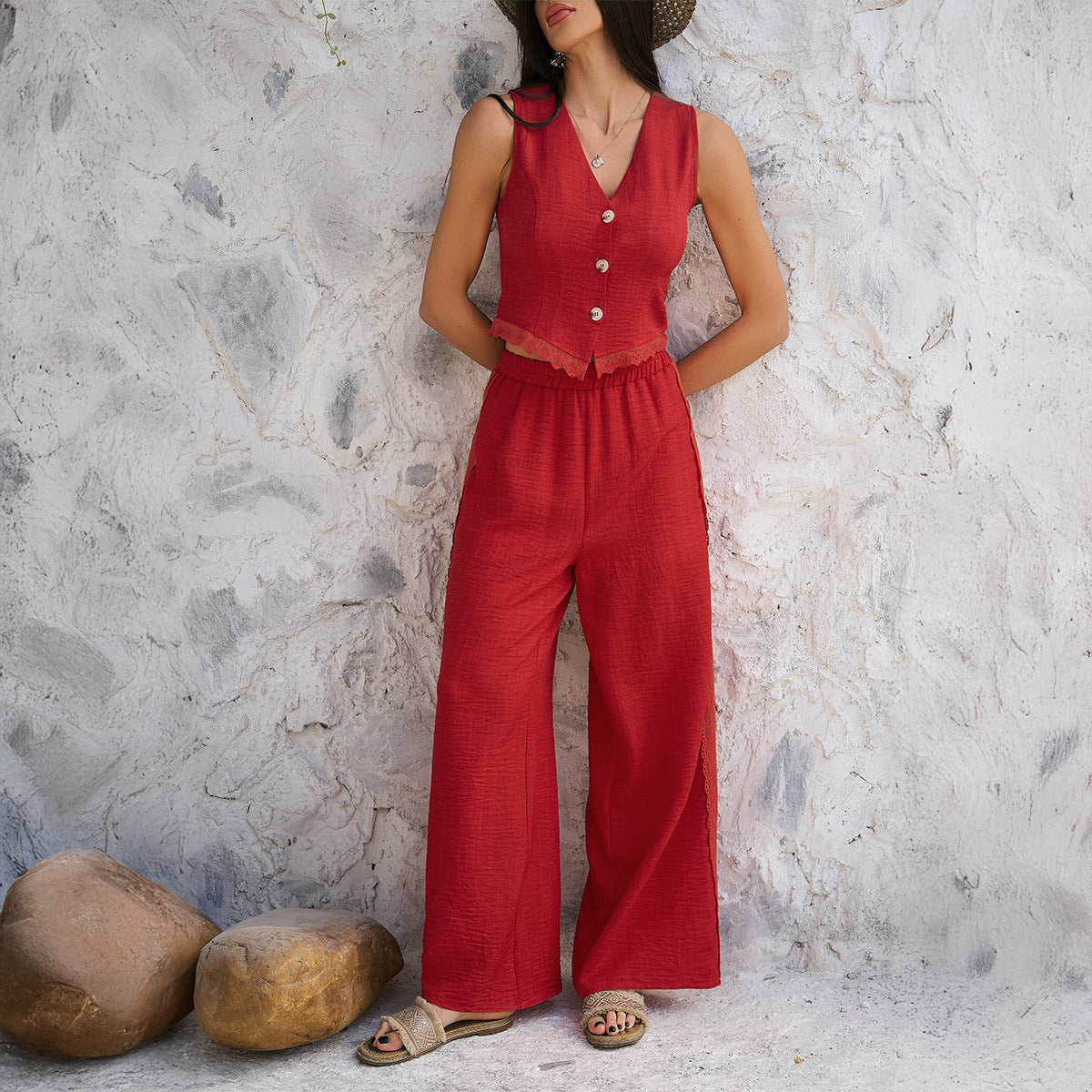Women Solid Vest and Wide Leg Pants Set Casual 2 Piece Outfit