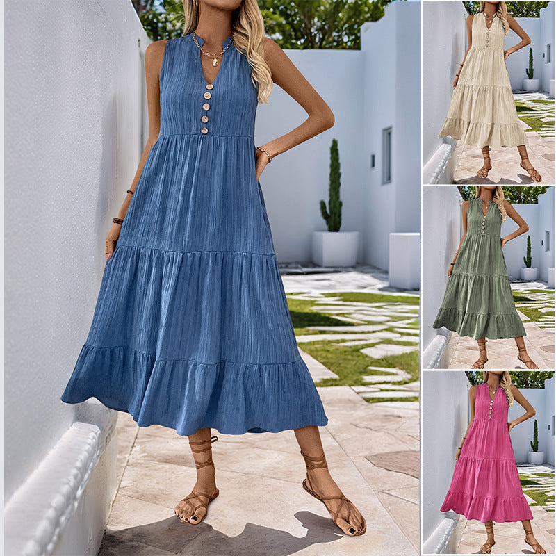 V-Neck Button-Down Tiered Dress